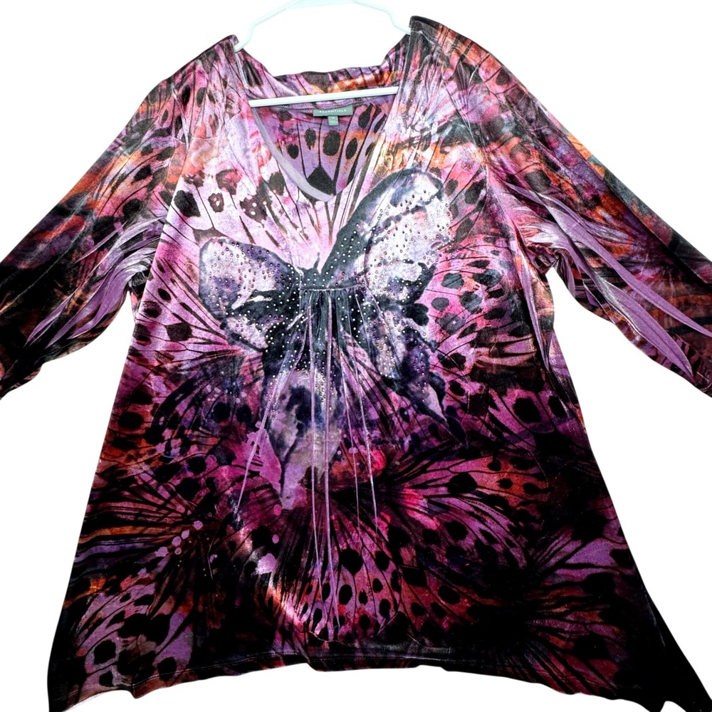 Essentials Butterfly Velvet Tunic Women 1X Purple Rhinestone Sharkbite Y2K Top